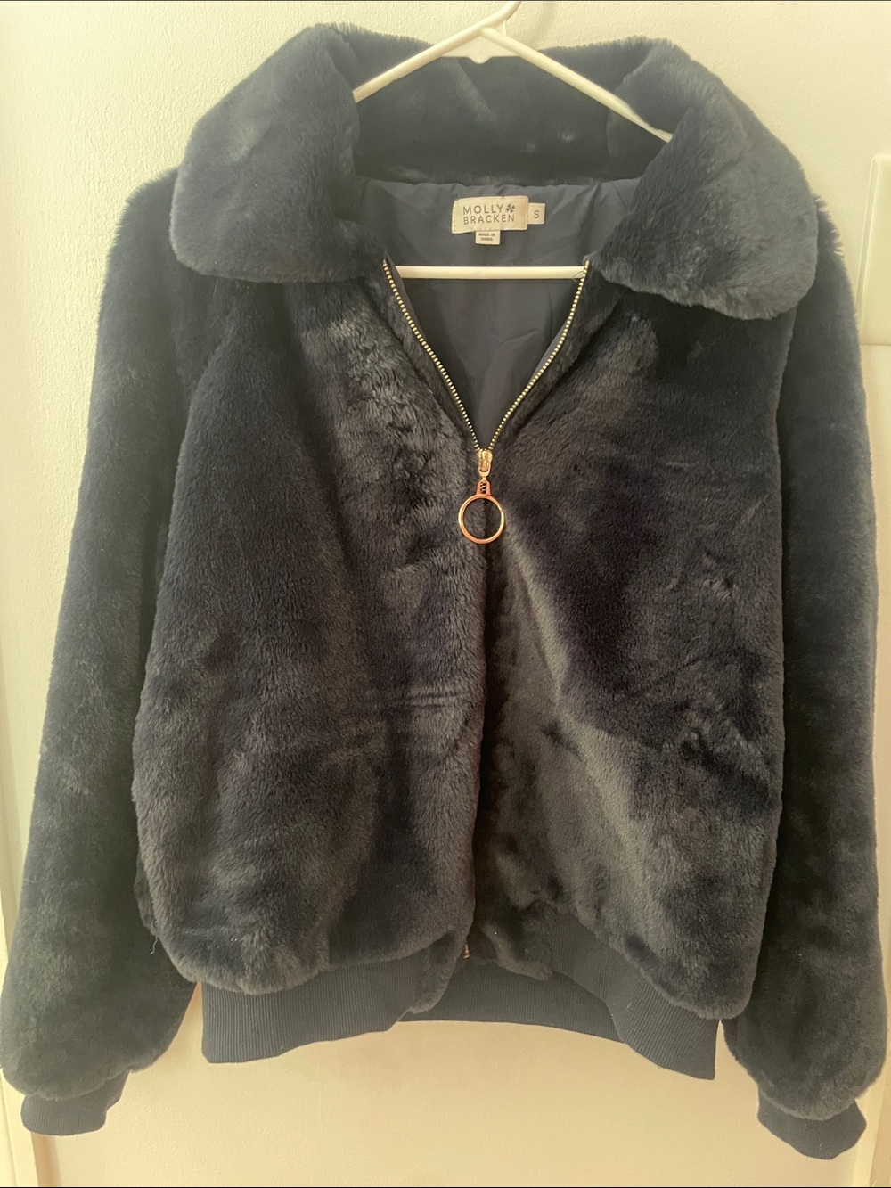 Molly Bracken Plush Navy Faux-Fur Zip Bomber Jacket